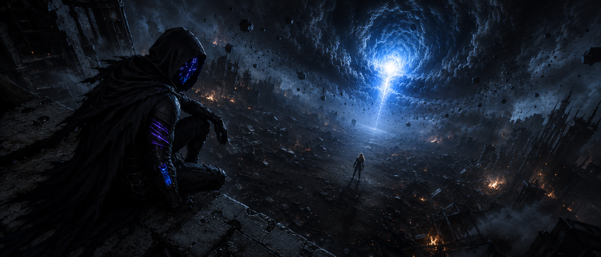 A hooded figure overlooking a ruined world beneath a luminous blue cosmic vortex